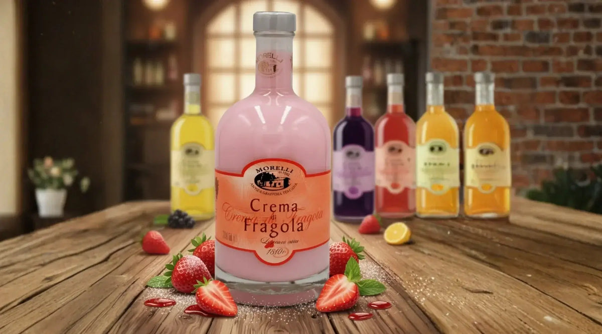 Bouteille de liqueur italienne à la fraise Crema di Fragola entourée de fruits frais sur une table en bois — sélection de liqueurs fruitées EasyGusto.