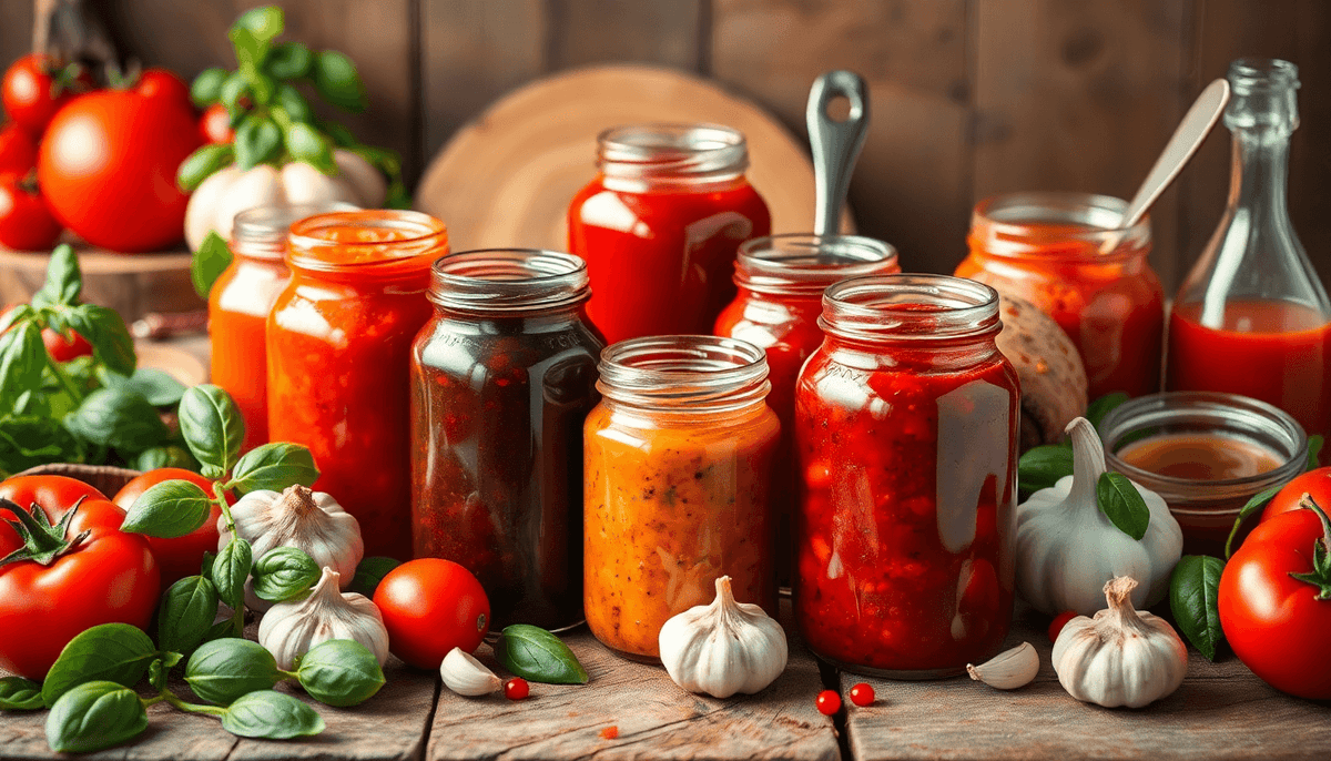 Sauces italiennes authentiques — pesto, bolognaise, napolitaine, amatriciana et arrabbiata — présentées avec des ingrédients frais EasyGusto.
