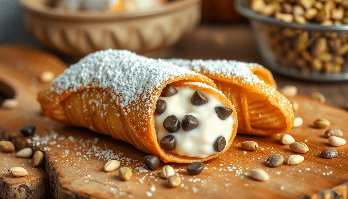 Cannoli siciliens traditionnels croustillants garnis de ricotta et décorés de pistaches, servis sur une assiette artisanale italienne.