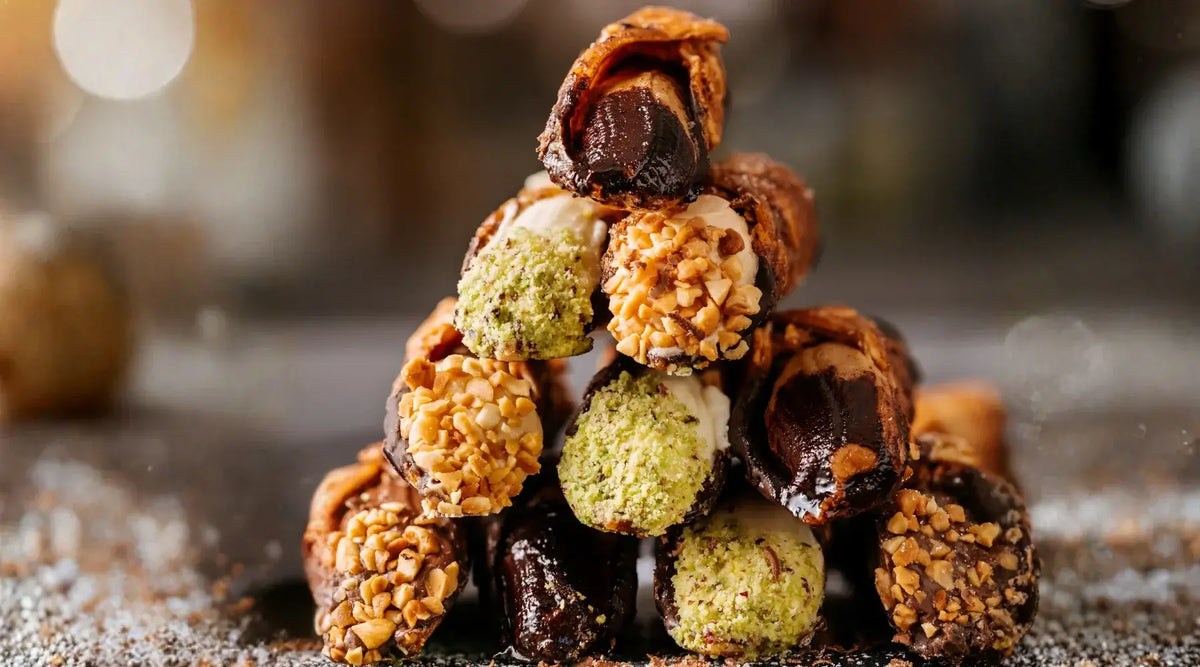 Assortiment de cannoli italiens à la pistache, au chocolat et au citron, présentés sur une assiette en céramique avec une touche artisanale sicilienne.