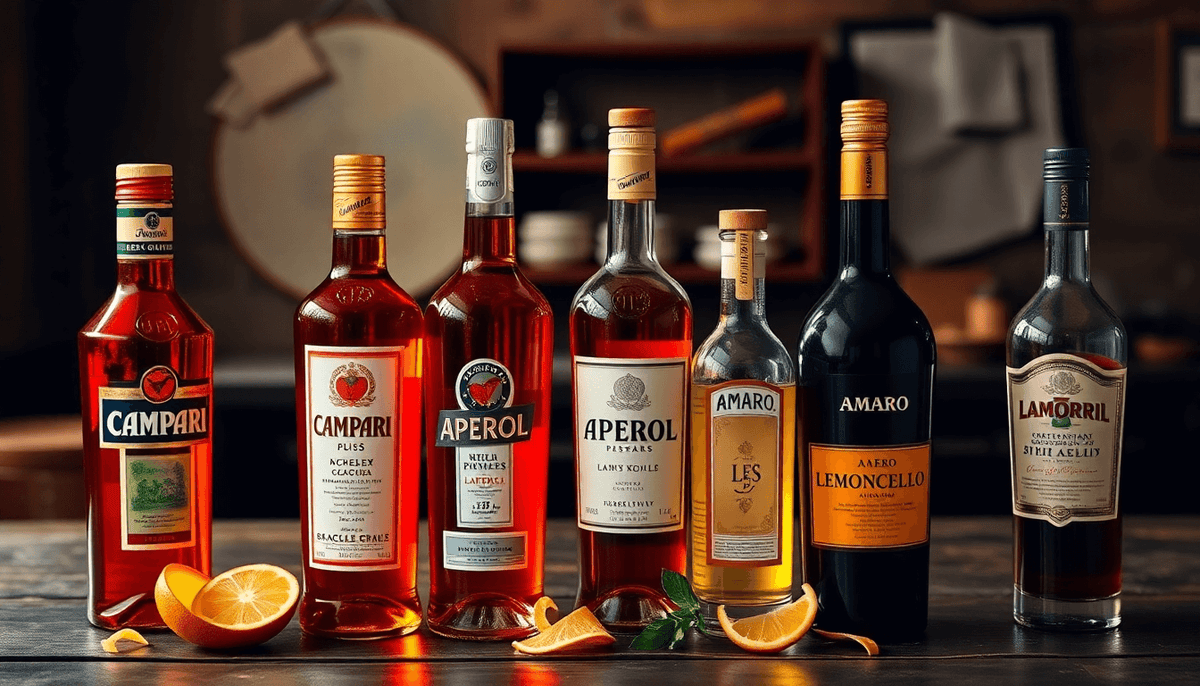 Sélection de digestifs et apéritifs italiens — Amaretto, Limoncello, Ratafia, Génépi et Verveine — présentés dans une ambiance méditerranéenne évoquant la tradition et le savoir-faire italien.