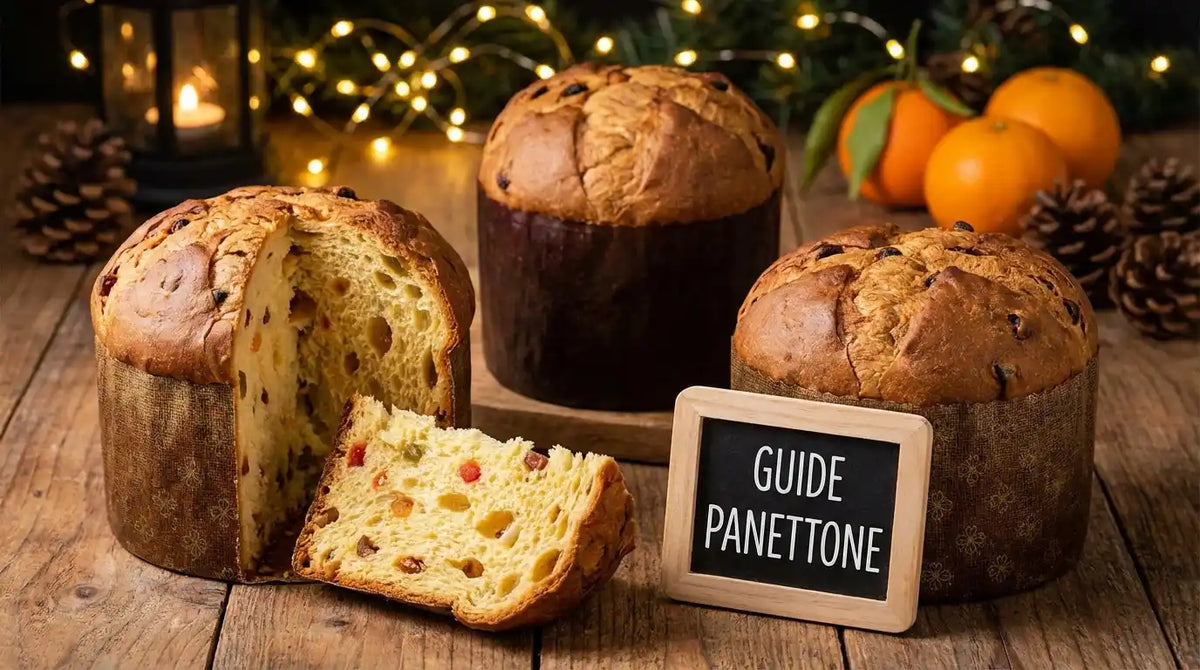 Panettone italien artisanal coupé avec mie filante et fruits confits, posé sur une table en bois avec décorations de Noël et pancarte indiquant Guide Panettone.
