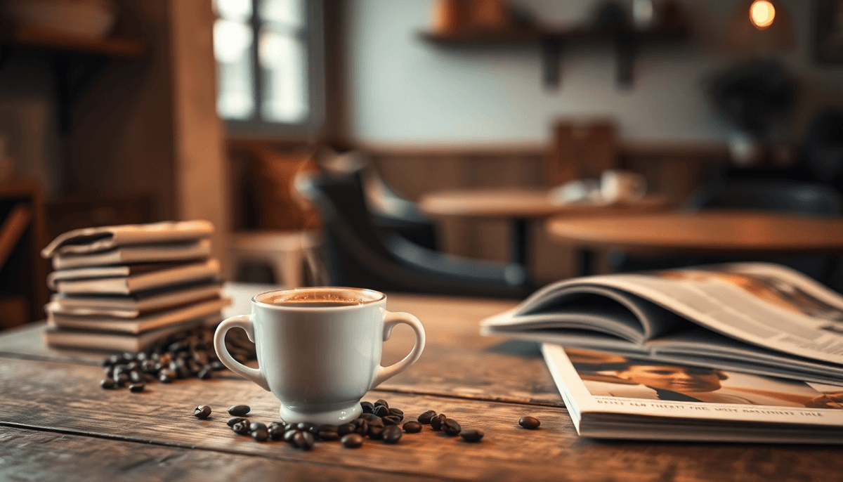Tasse de café décaféiné sur une table en bois, entourée de grains de café et d’accessoires naturels, illustrant les bienfaits du café sans solvant.