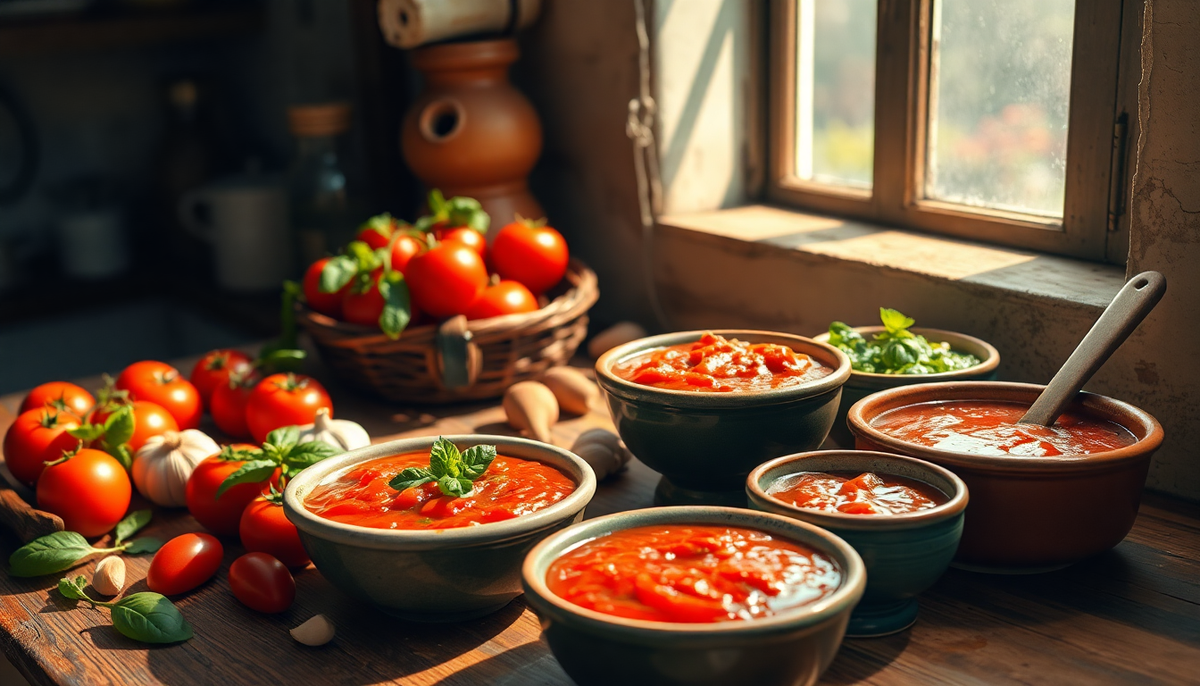 Bols de sauces italiennes artisanales à base de tomates fraîches, d’ail et de basilic, disposés sur une table en bois rustique éclairée par la lumière naturelle — EasyGusto.fr
