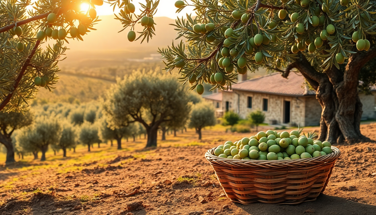 Panier d’olives vertes sous un olivier au coucher du soleil en Toscane — récolte artisanale d’huile d’olive italienne, EasyGusto.fr