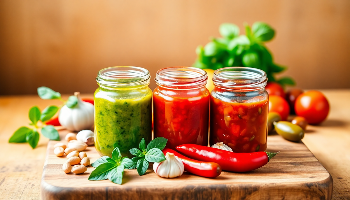 Trois bocaux de sauces italiennes — pesto vert, arrabbiata rouge et puttanesca — disposés sur une planche en bois avec des ingrédients frais : ail, piments, tomates et basilic — symbole des saveurs méditerranéennes authentiques — EasyGusto.fr