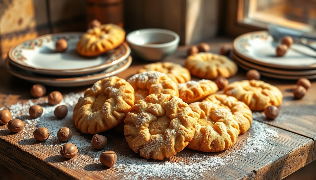 Biscuits italiens aux noisettes dorés et saupoudrés de sucre glace, posés sur une table en bois rustique — pâtisserie artisanale italienne EasyGusto.fr