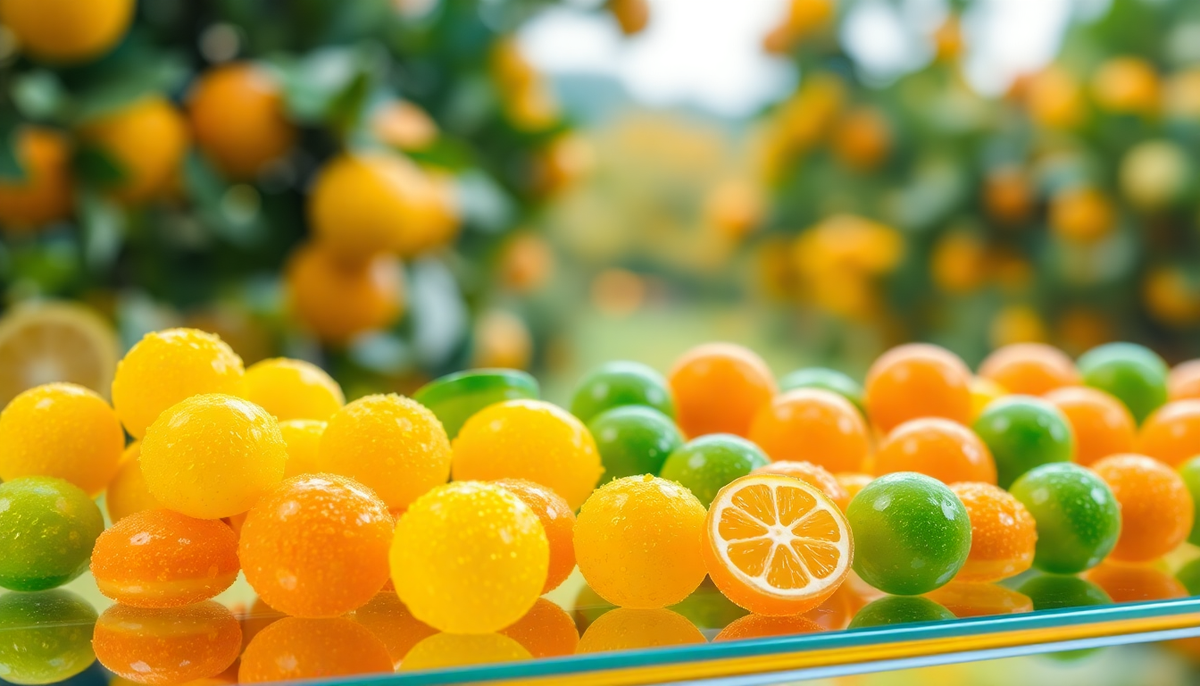 Bonbons italiens aux agrumes – citron, orange et citron vert, brillants et acidulés, présentés sur fond d’orangers EasyGusto.fr