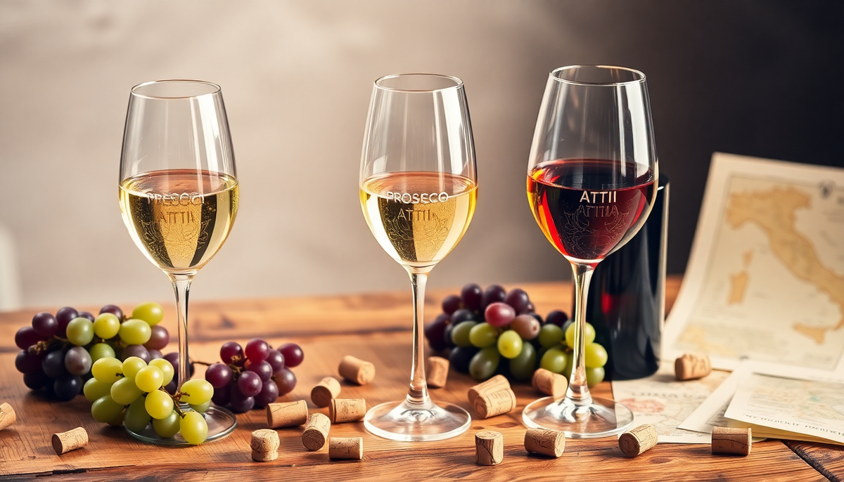 Trois verres de vins pétillants italiens — Prosecco, Asti et Lambrusco — accompagnés de grappes de raisin et de bouchons sur une table en bois, illustrant l’art des bulles italiennes — EasyGusto.fr