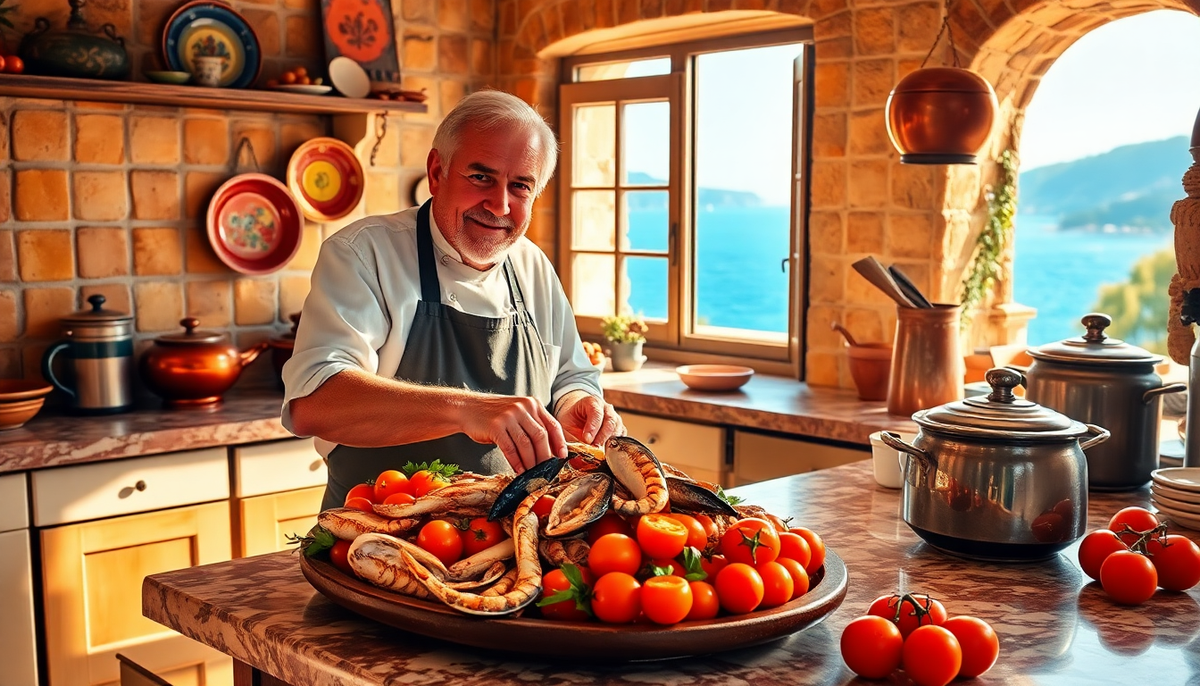 Chef sicilien préparant un plat traditionnel de fruits de mer et tomates fraîches dans une cuisine méditerranéenne baignée de soleil, face à la mer de Sicile — symbole de la gastronomie sicilienne authentique. EasyGusto.fr