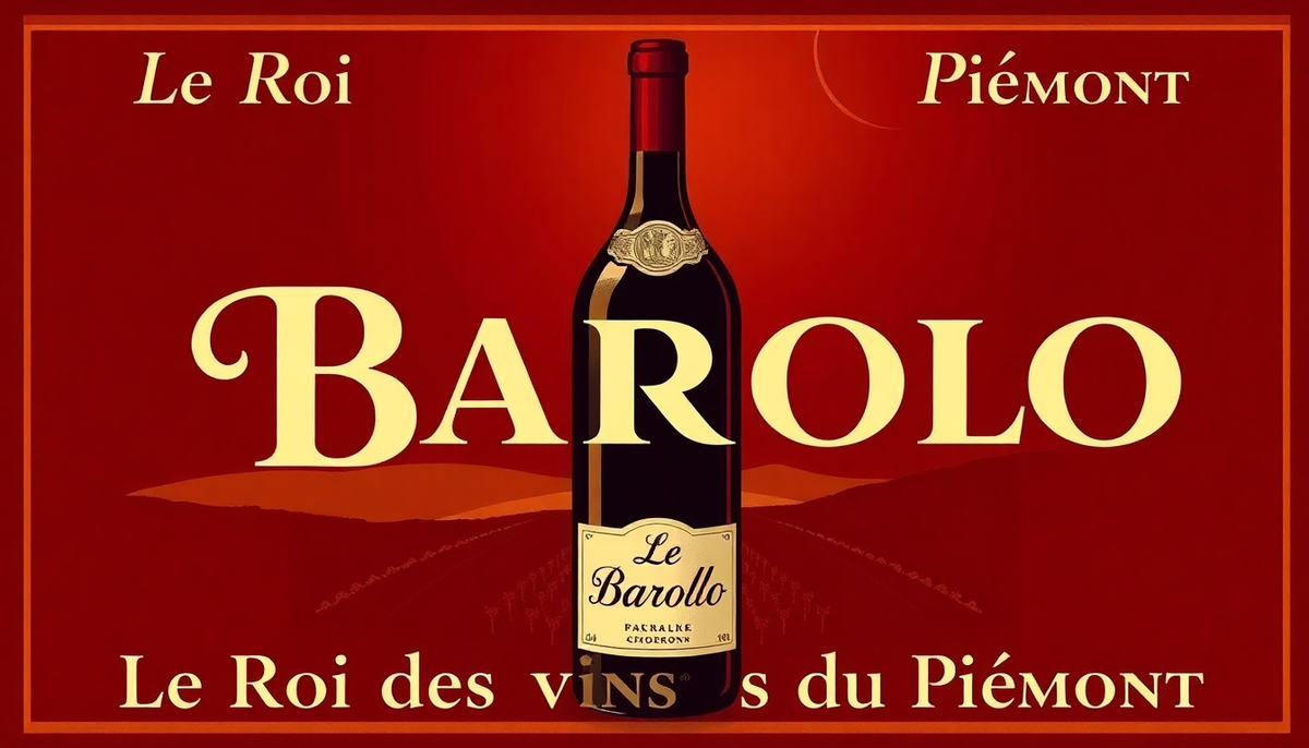 Affiche illustrée d’une bouteille de vin Barolo, surnommé le Roi des vins du Piémont, sur un fond rouge élégant avec les mentions 'Le Roi' et 'Piémont'.