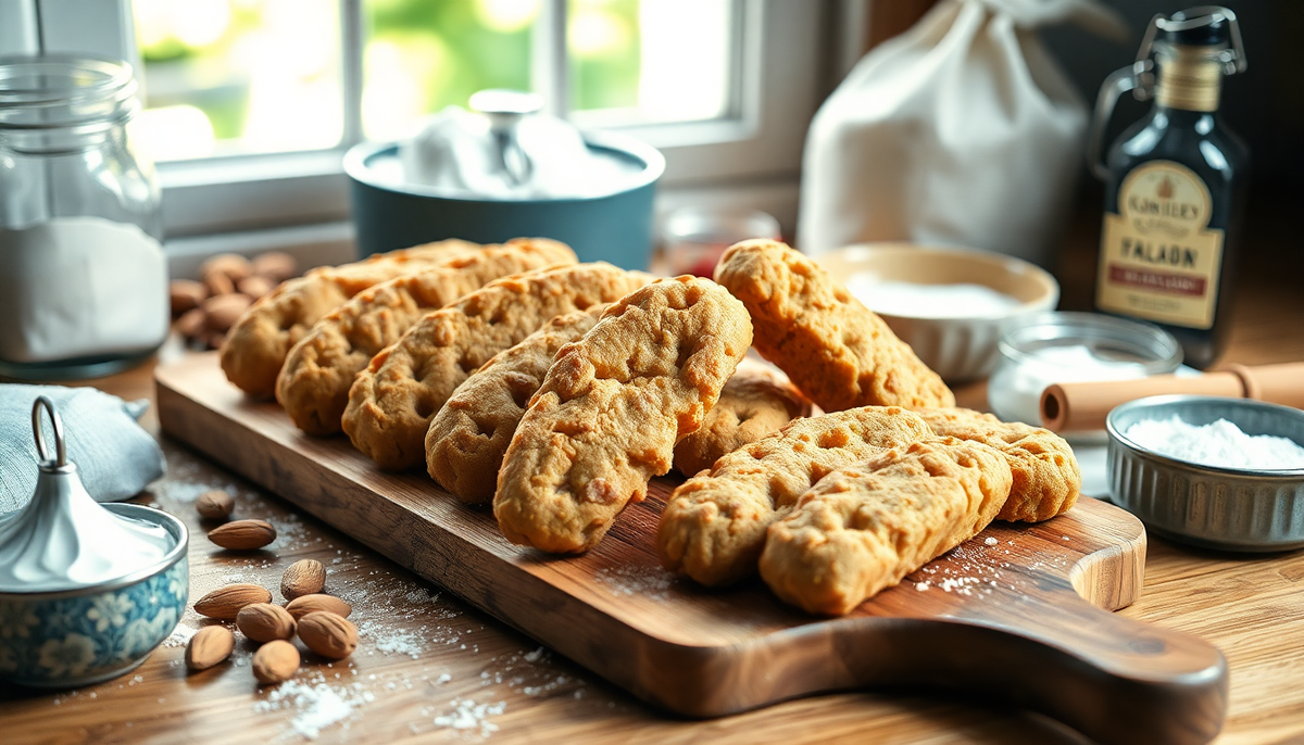 Biscuits italiens croustillants disposés sur une planche en bois avec des amandes et des ingrédients artisanaux dans une cuisine lumineuse — EasyGusto.fr