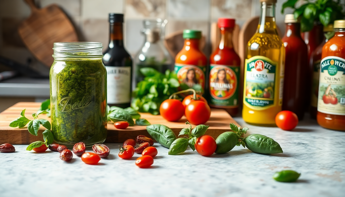 Pots de pesto, tomates cerises fraîches, basilic et sauces italiennes artisanales sur un plan de travail — ingrédients méditerranéens authentiques EasyGusto.fr