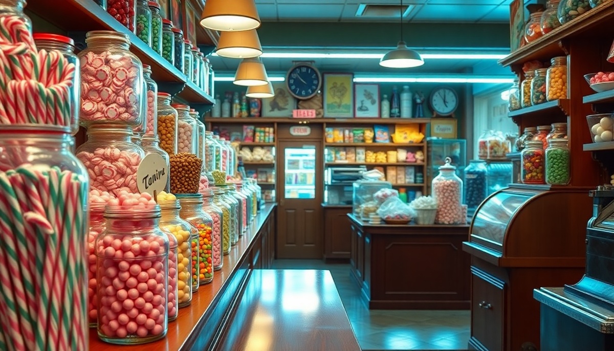 Intérieur d’une confiserie rétro italienne remplie de bocaux de bonbons colorés – ambiance vintage et chaleureuse rappelant les douceurs d’enfance, EasyGusto.fr