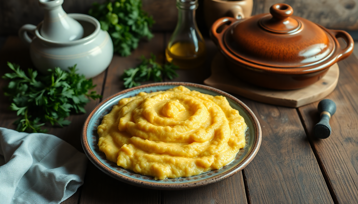 Bol de polenta italienne crémeuse garnie d’herbes fraîches, prête à être servie.