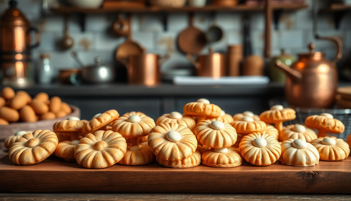 Assortiment de biscuits italiens à base d’amande, disposés sur un plan de travail en bois dans une cuisine rustique, avec des ustensiles en cuivre en arrière-plan.