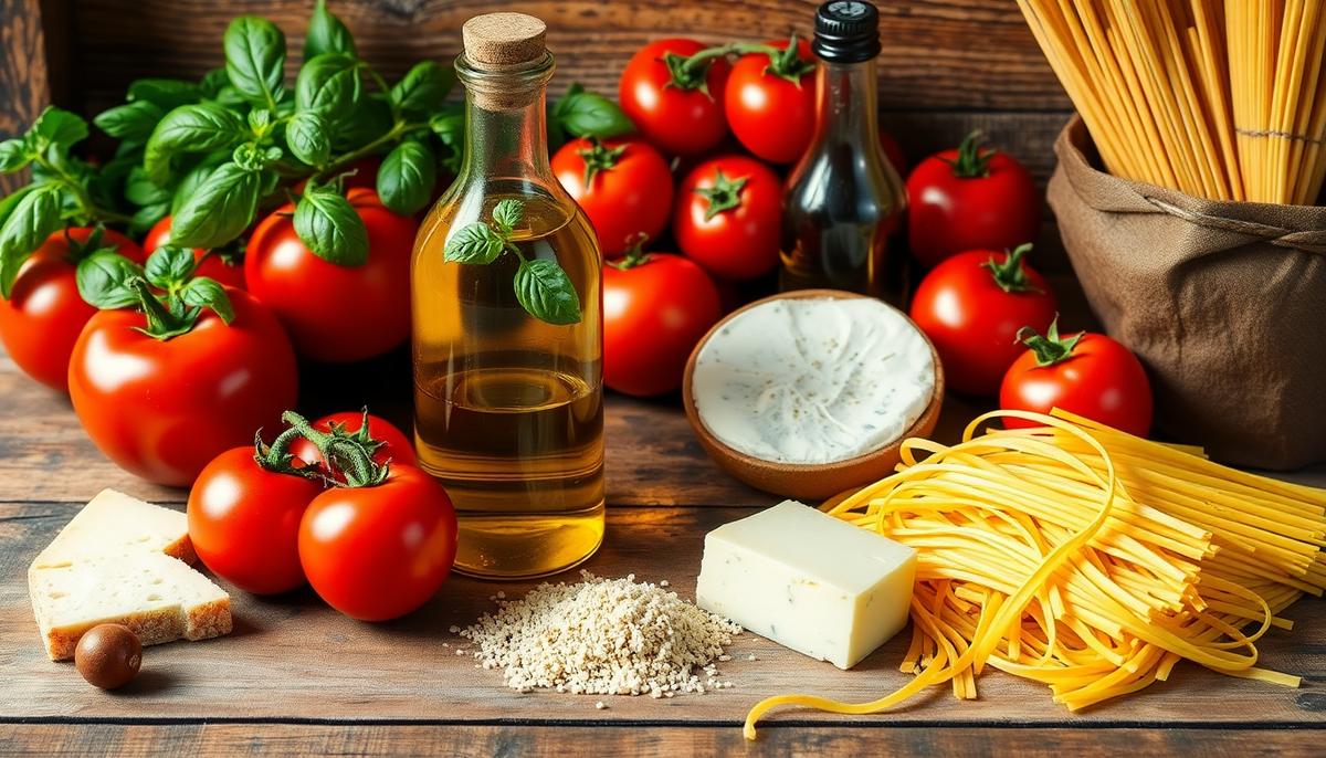 Huiles d’olive italiennes, pâtes artisanales, fromages et condiments méditerranéens sur une table rustique — sélection authentique EasyGusto.fr