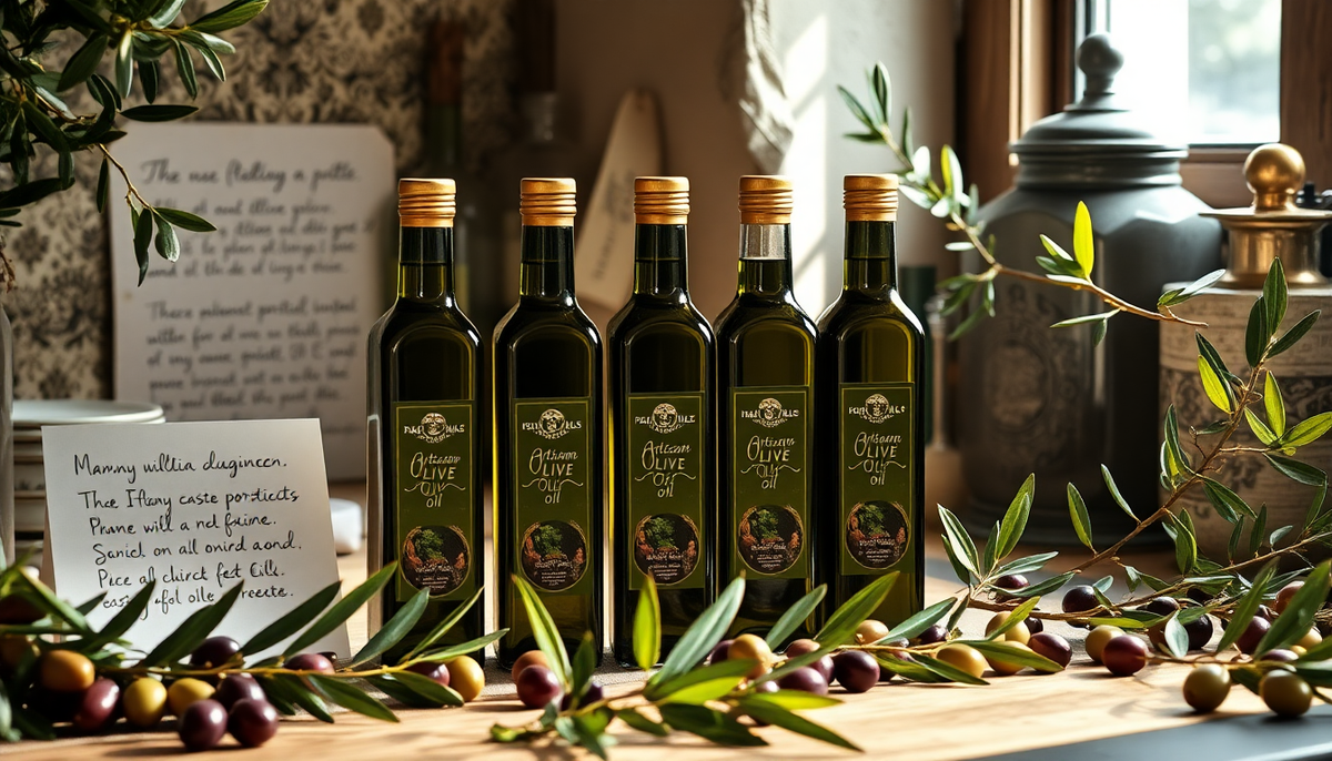 Bouteilles d’huile d’olive italienne bio disposées sur une table en bois entourées d’olives et de branches d’olivier dans une ambiance artisanale — EasyGusto.fr