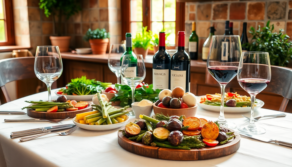Table italienne de printemps avec vins rouges et blancs, plats méditerranéens et légumes frais — accords mets-vins italiens EasyGusto.fr
