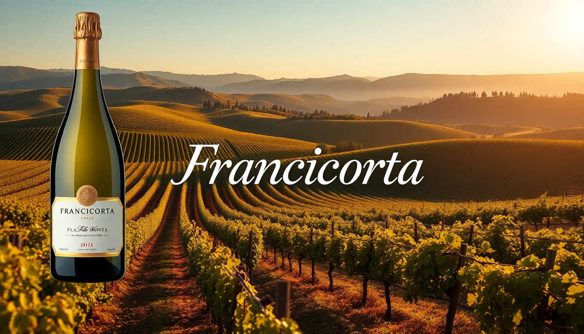 Bouteille de Franciacorta posée dans un vignoble ensoleillé de Lombardie, avec les collines dorées en arrière-plan, symbolisant l’élégance et la finesse du célèbre vin pétillant italien.