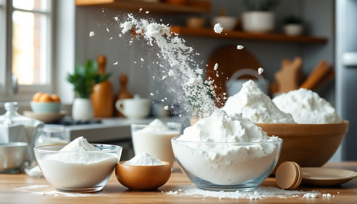 Bols de fécule de maïs et farine de maïs utilisés pour la cuisine italienne et les recettes maison.