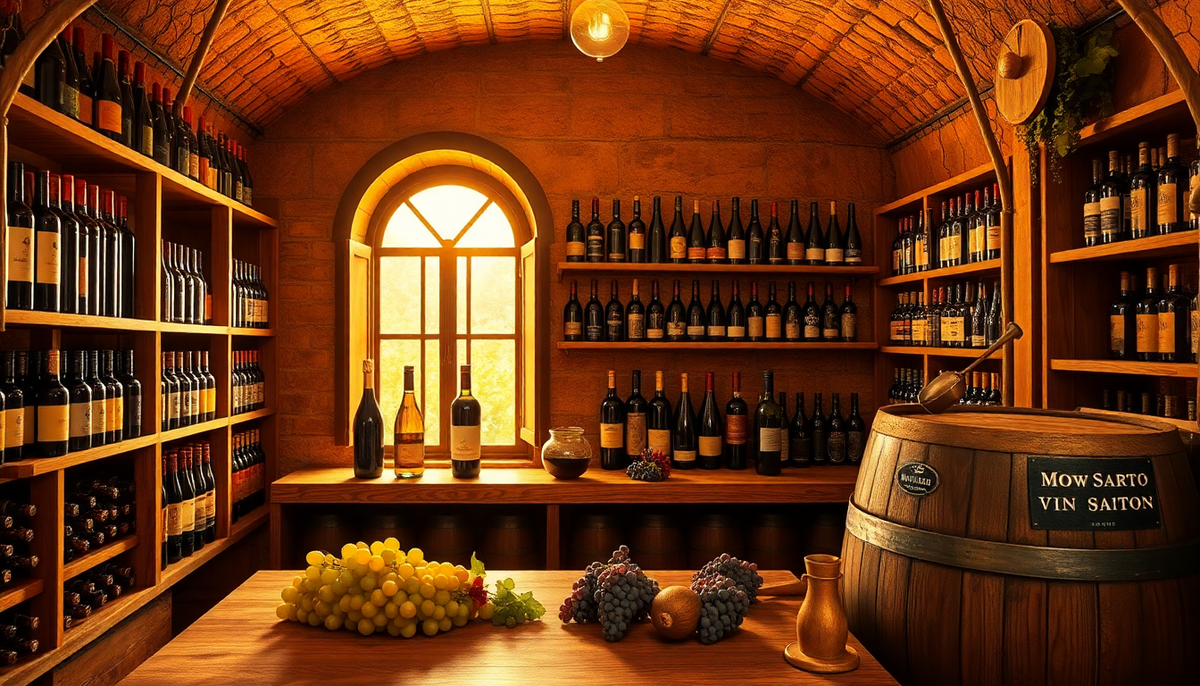 Cave italienne traditionnelle remplie de bouteilles de vin doux — Moscato, Marsala et Vin Santo — éclairée par une lumière dorée, symbolisant l’art viticole et la richesse des terroirs d’Italie. EasyGusto.fr