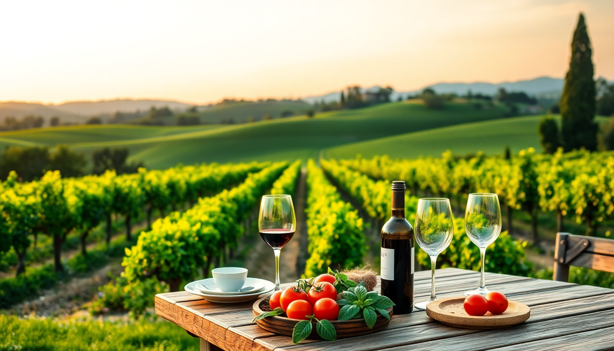 Verres de vin et bouteille sur une table en bois face à un vignoble italien au coucher du soleil — EasyGusto.fr
