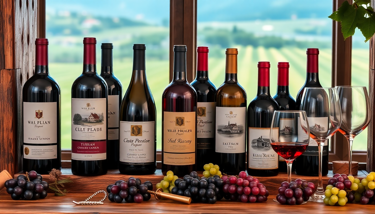 Collection de bouteilles de vins italiens alignées sur une table en bois, entourées de grappes de raisin et de verres de vin rouge, avec un vignoble en arrière-plan — EasyGusto.fr