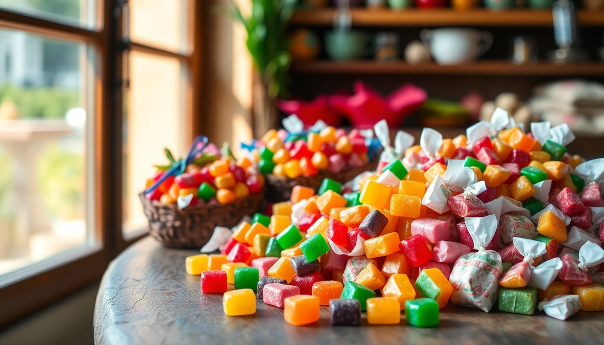 Assortiment coloré de bonbons italiens artisanaux sur une table en bois – spécialités sucrées traditionnelles de l’Italie disponibles sur EasyGusto.fr