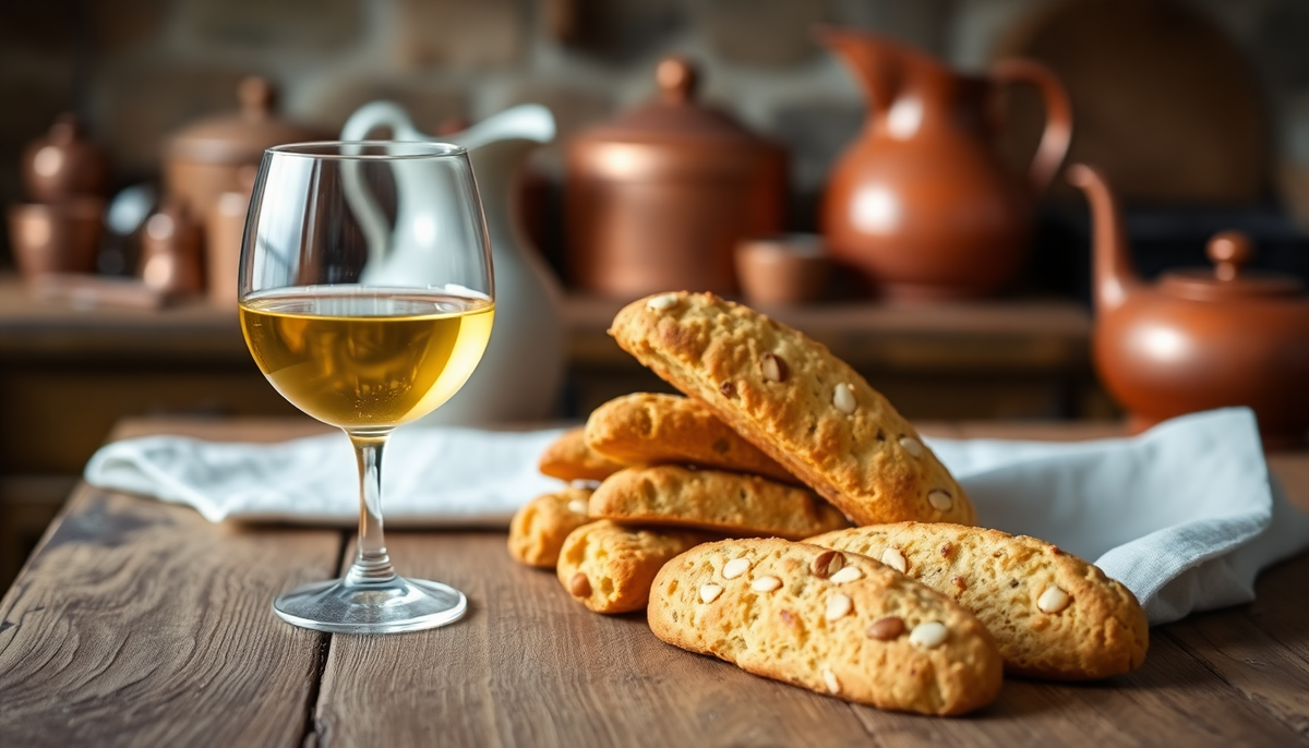 Biscotti italiens croustillants aux amandes servis sur une table rustique avec un verre de vin doux doré — EasyGusto.fr