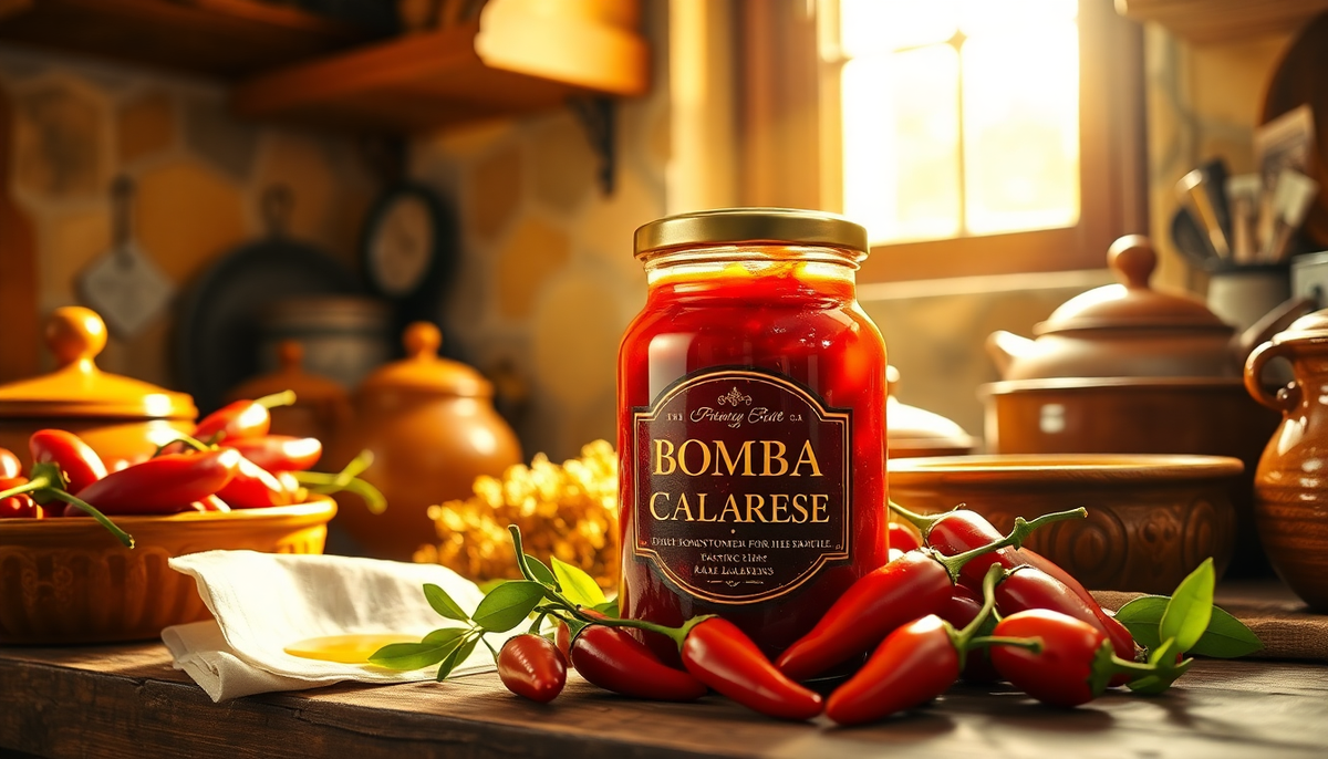 Pot de Bomba Calabrese artisanale entouré de piments rouges dans une cuisine italienne traditionnelle.