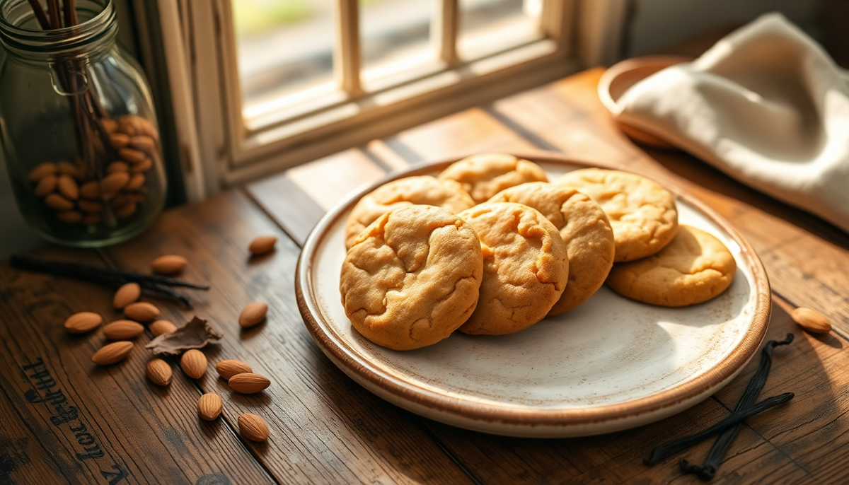 Assortiment de biscuits italiens bio aux amandes présentés sur une assiette en céramique, près d’une fenêtre en bois éclairée par la lumière du matin — EasyGusto.fr