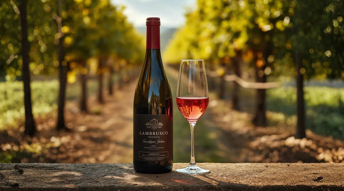 Bouteille et verre de vin pétillant rouge Lambrusco posés sur un muret au cœur d’un vignoble ensoleillé d’Émilie-Romagne, illustrant la fraîcheur, la convivialité et l’élégance du vin italien.
