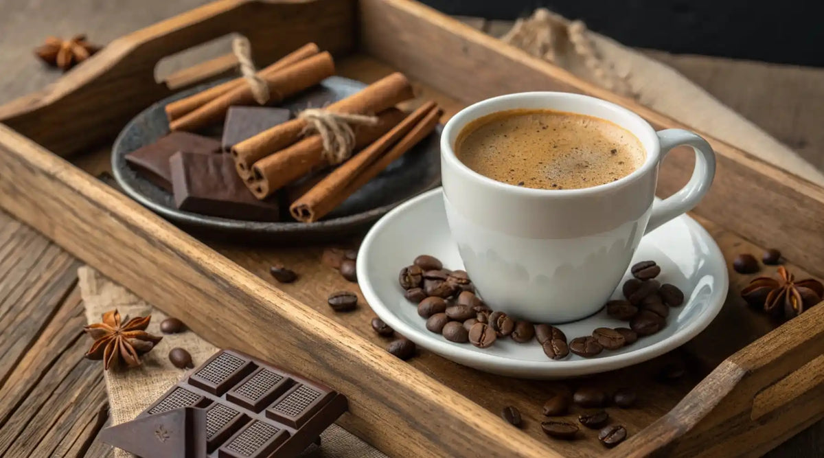Tasse de café fumant sur un plateau en bois avec grains de café, chocolat noir et bâtons de cannelle, illustrant les arômes gourmands du caramel, de la noisette et de la vanille.
