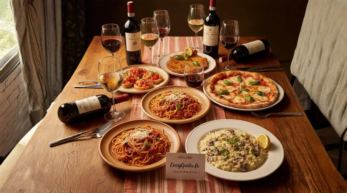 Table italienne élégante dressée avec des plats traditionnels — spaghetti bolognaise, risotto aux champignons, pizza margherita, bruschetta — accompagnés de verres et bouteilles de vins italiens rouges et blancs EasyGusto.fr