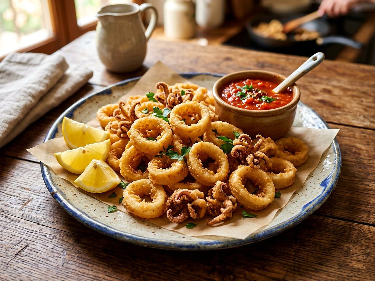 Calamars frits à la semoule, sauce arrabbiata