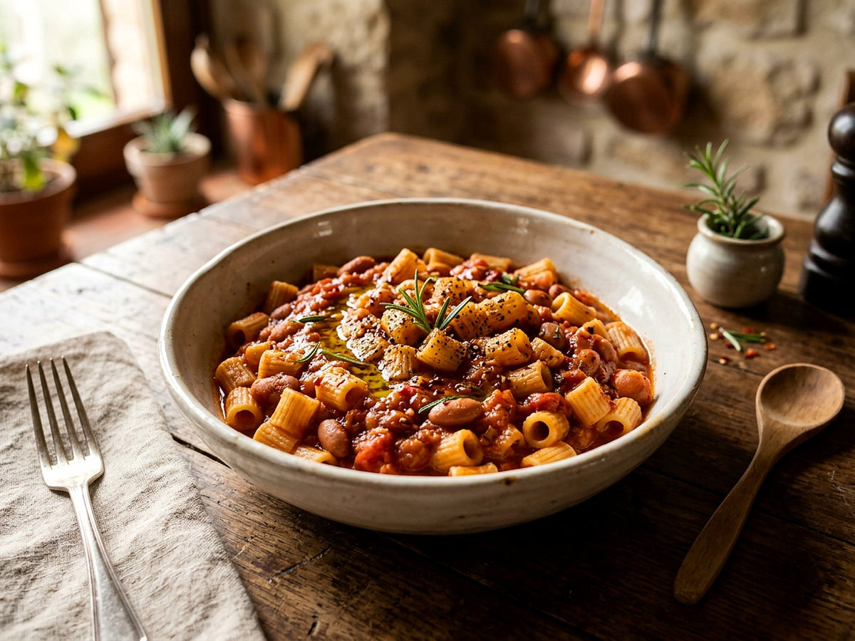 Chifferini aux haricots borlotti, tomate et romarin