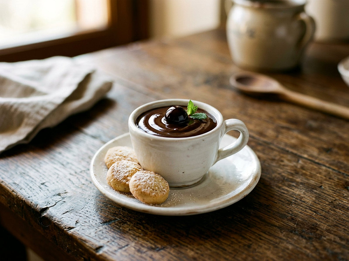 Chocolat chaud épais à l'italienne, amarena et biscuits