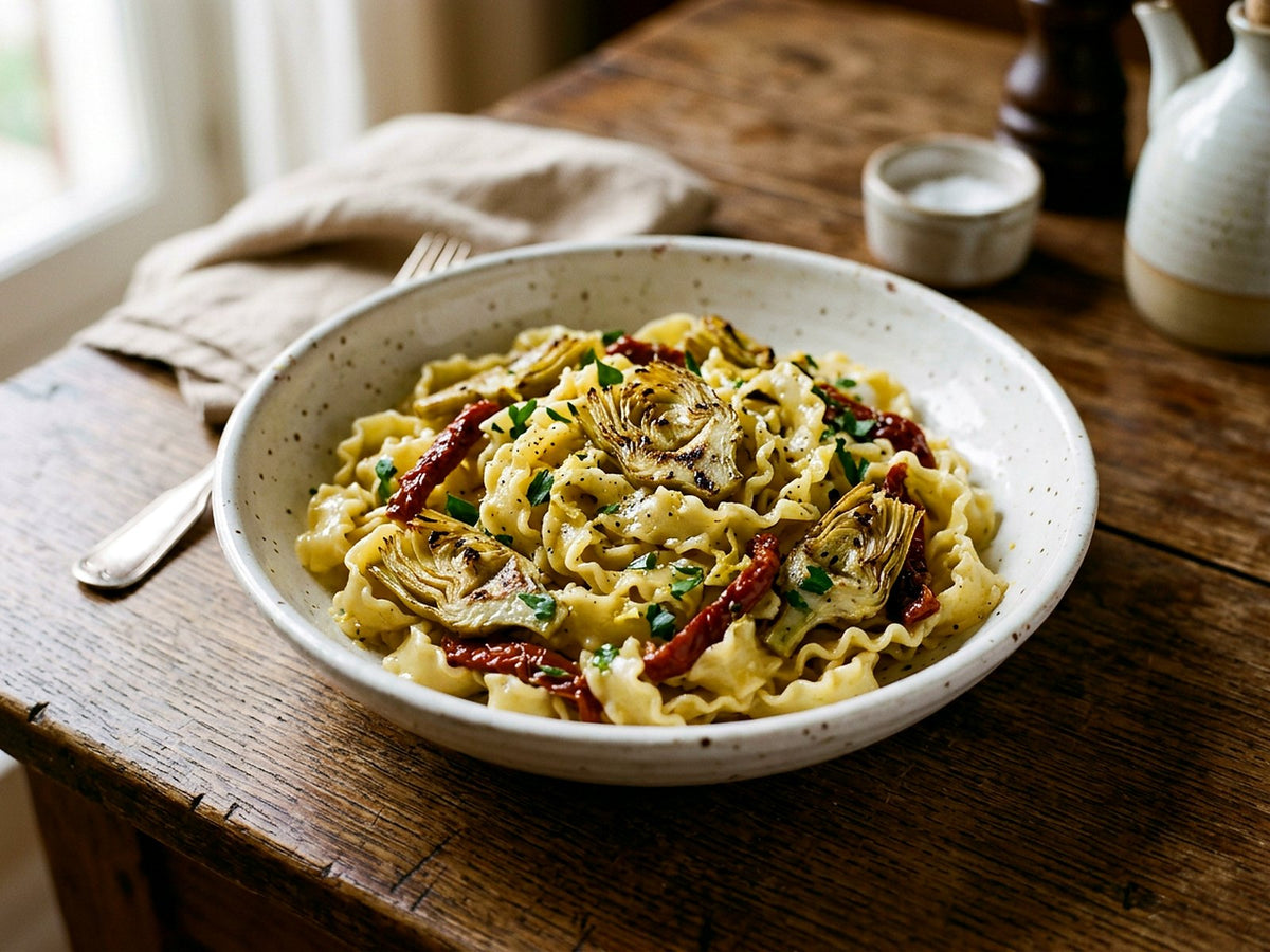 Fettuccine ricce aux artichauts et tomates séchées