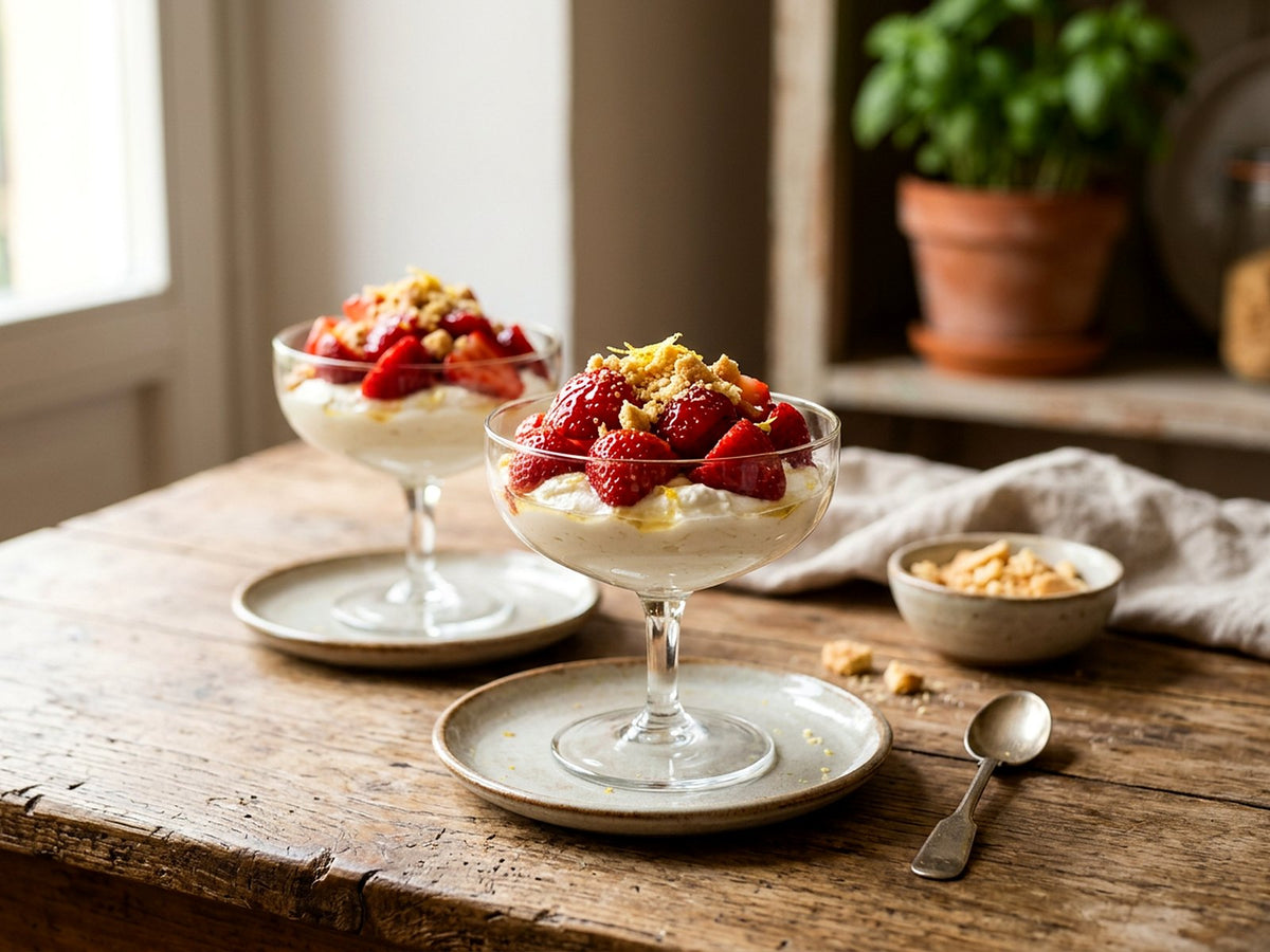 Fraises au limoncello, ricotta au citron et biscuits émiettés