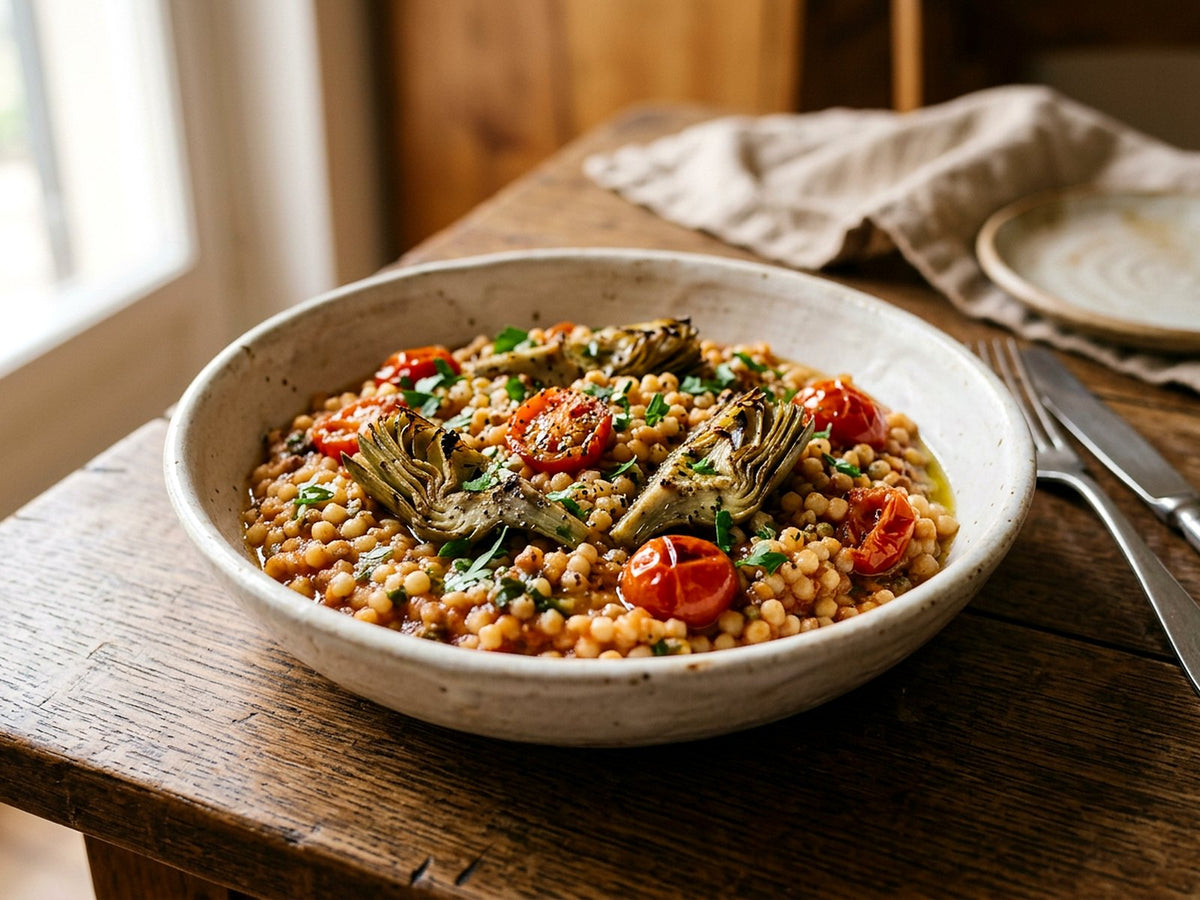 Fregola aux artichauts et tomates cerises