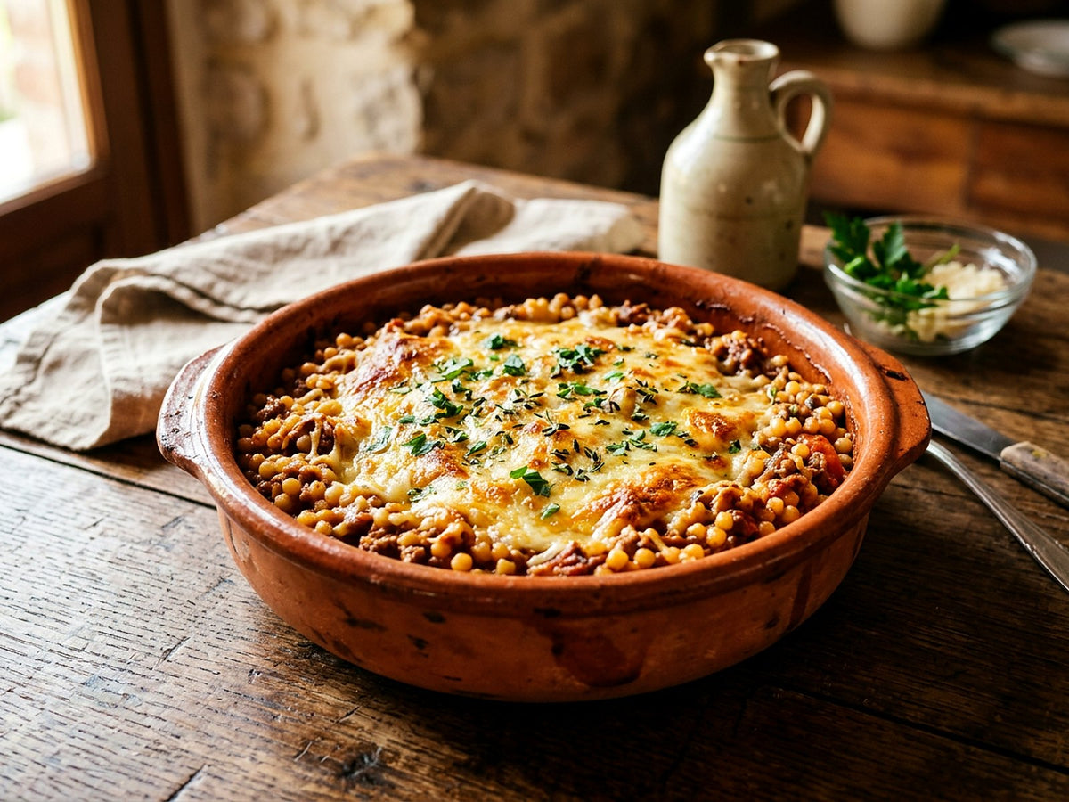 Fregola incasada au ragù, gratinée au pecorino