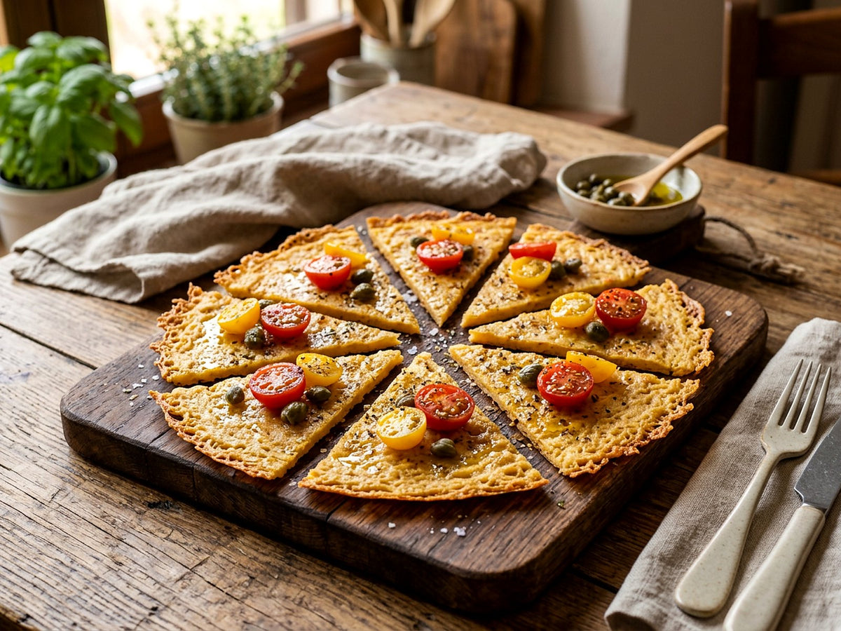 Galettes de pois chiches à la poêle, tomates cerises et câpres
