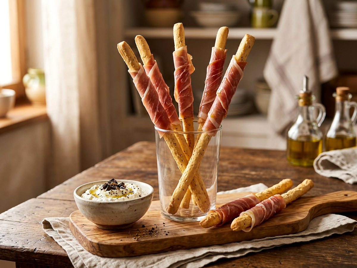 Gressins au jambon cru, trempette de ricotta à la crème de truffe