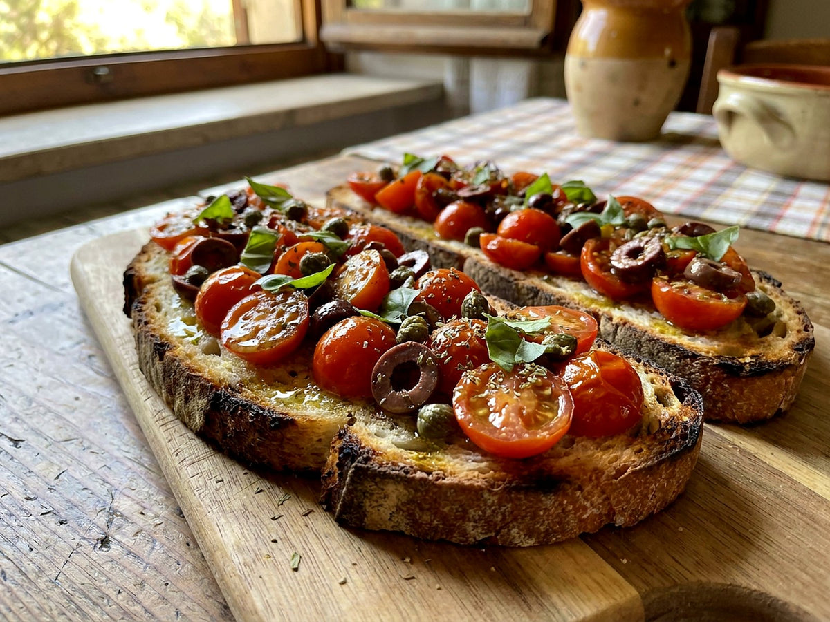 Bruschette aux tomates cerises, olives et câpres