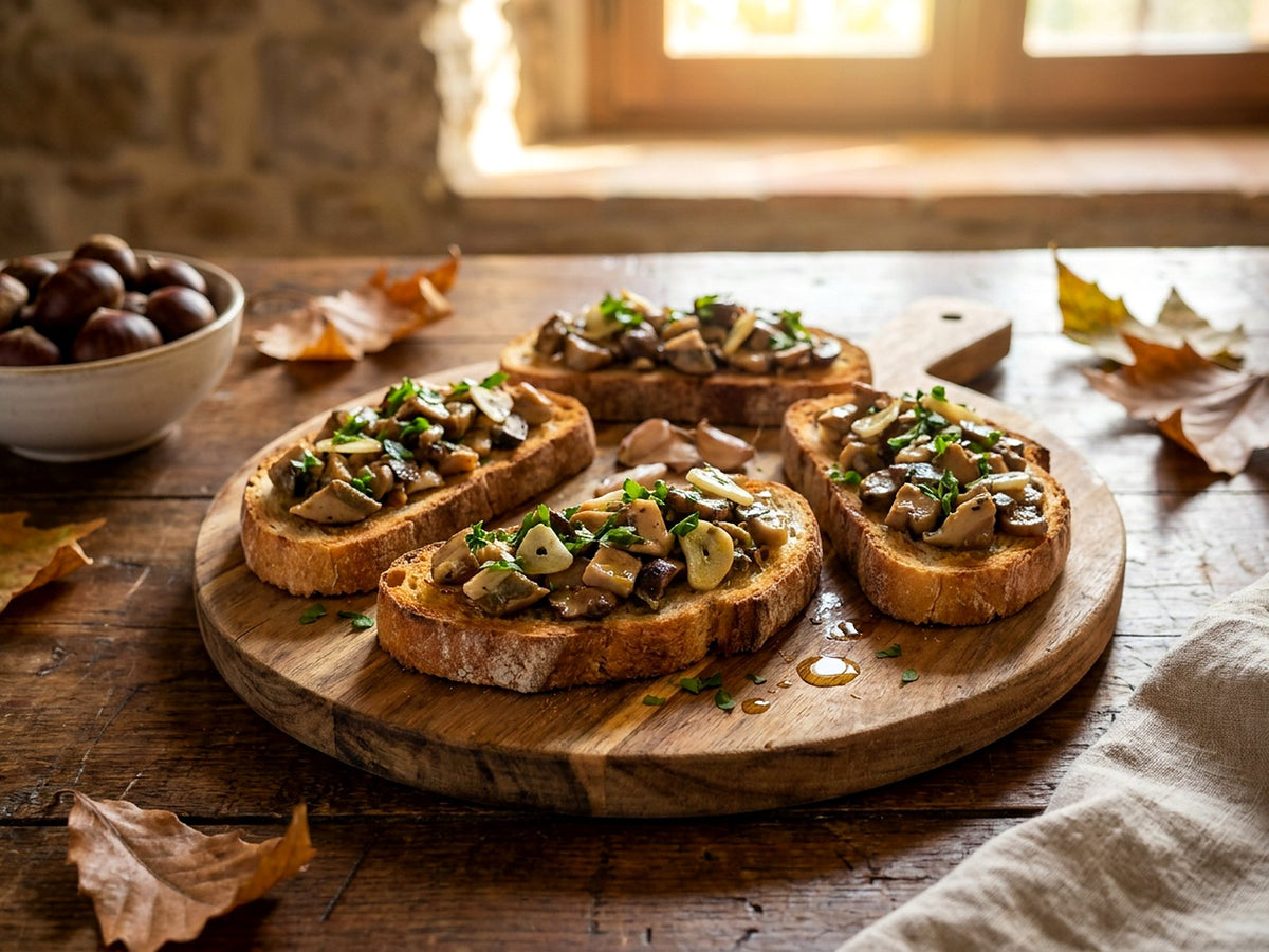 Crostini aux cèpes, ail et persil, filet d'huile truffée