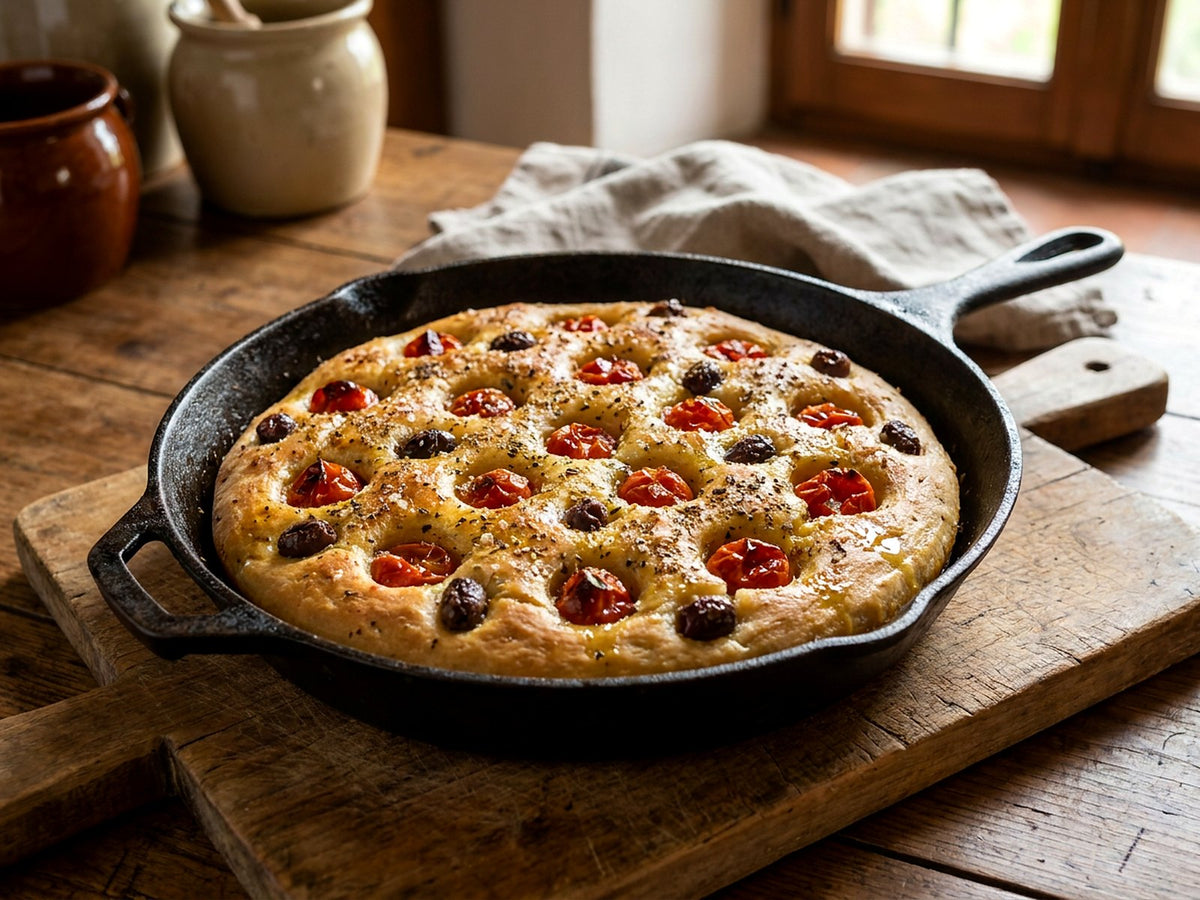 Focaccia à la poêle, tomates cerises et olives