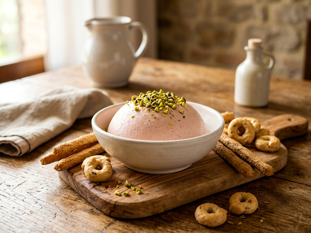 Mousse de mortadelle à la ricotta et à la pistache, gressins et taralli