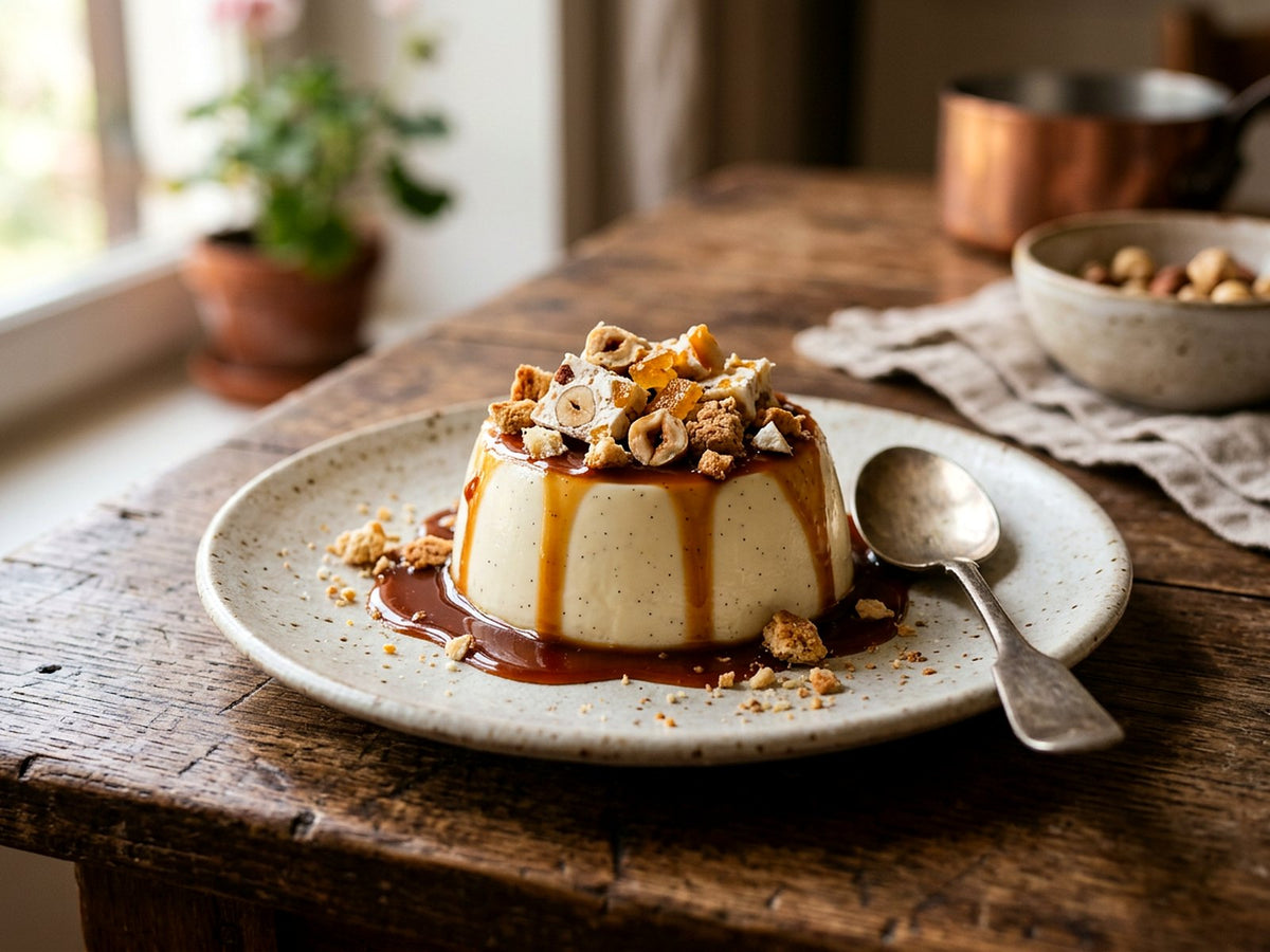 Panna cotta au caramel, éclats de torrone