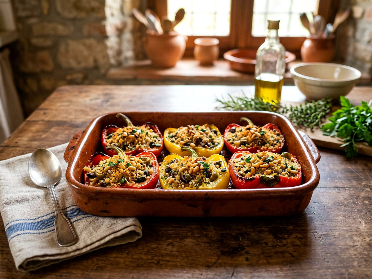 Poivrons farcis à la chapelure, câpres, olives et anchois